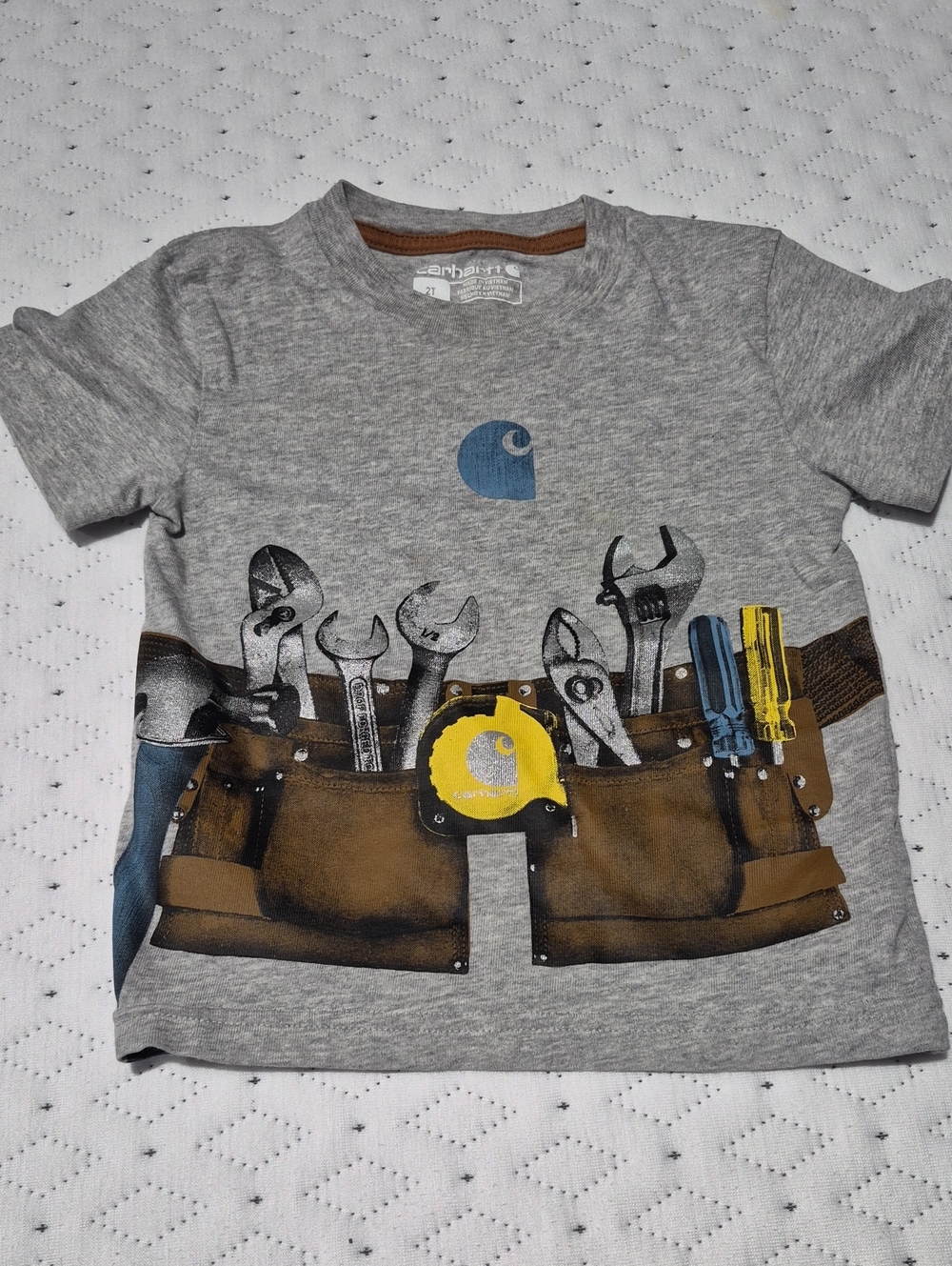 Carhartt Gray Kids 2T Tool Belt Graphic Tee with Yellow & Blue Accents